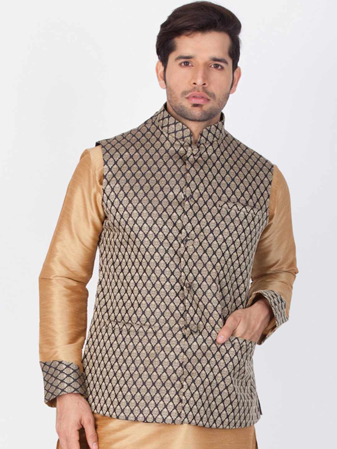 Men's Black Cotton Silk Blend Ethnic Jacket