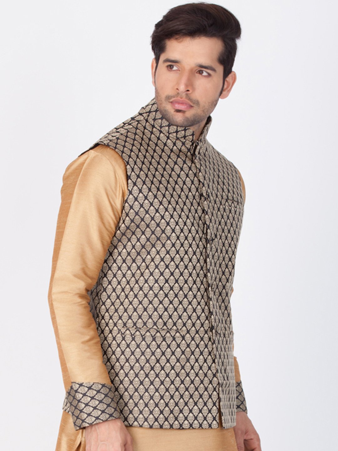 Men's Black Cotton Silk Blend Ethnic Jacket