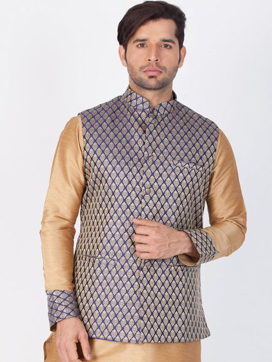 Men's Blue Cotton Silk Blend Ethnic Jacket