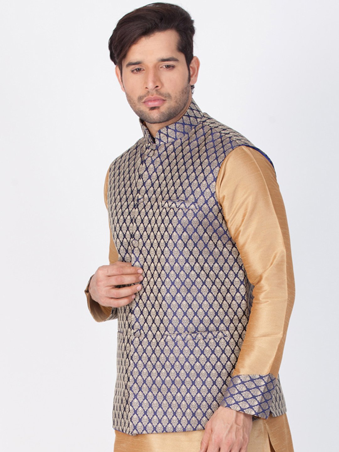 Men's Blue Cotton Silk Blend Ethnic Jacket