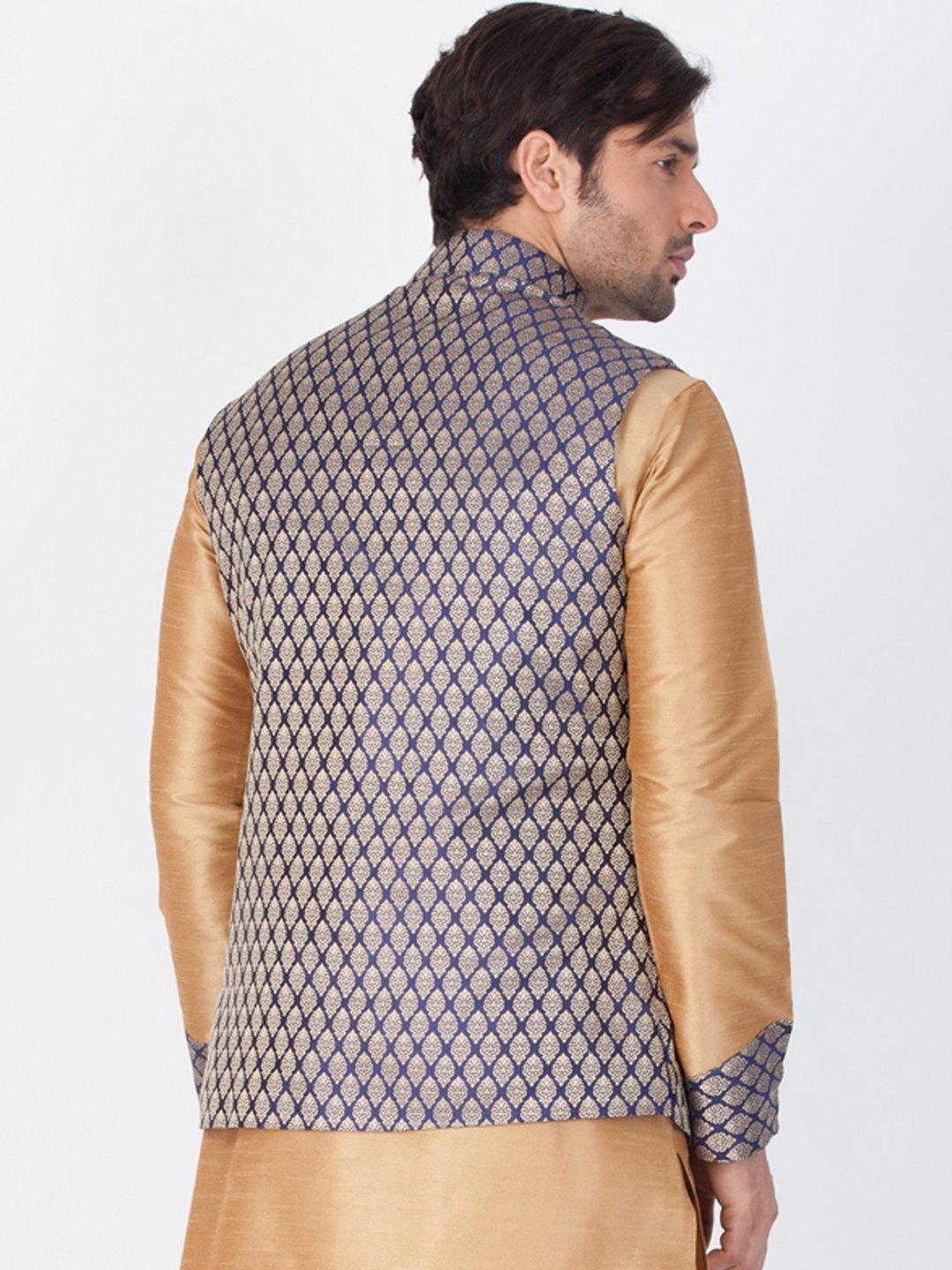 Men's Blue Cotton Silk Blend Ethnic Jacket