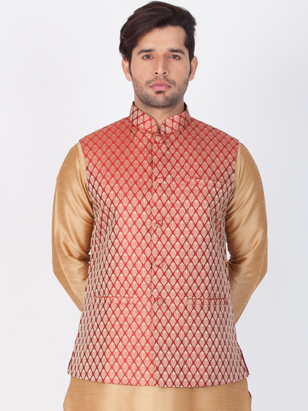 Men's Maroon Cotton Silk Blend Ethnic Jacket