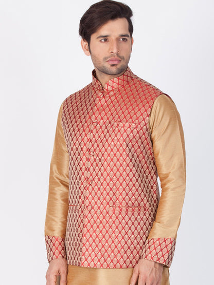 Men's Maroon Cotton Silk Blend Ethnic Jacket