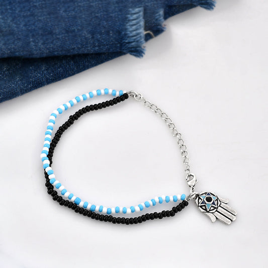 Women's Evil Eye Silver Oxidised Hamsa Engraved Bracelet