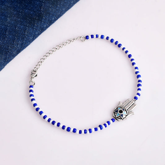 Women's Evil Eye Blue And White Beads Hamsa Anklet