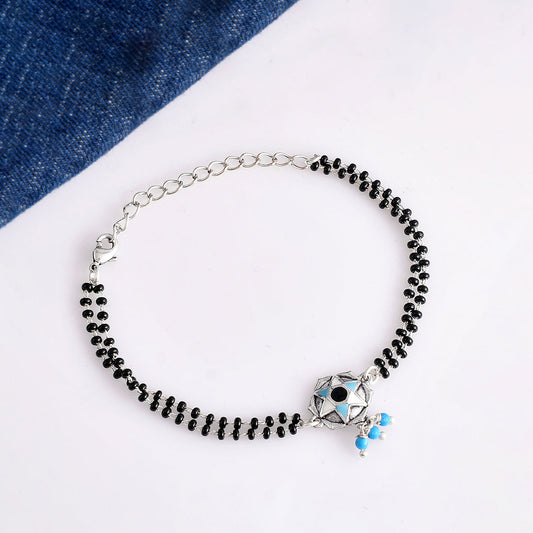 Women's Evil Eye Black Bead Chain Silver Oxidized Bracelet