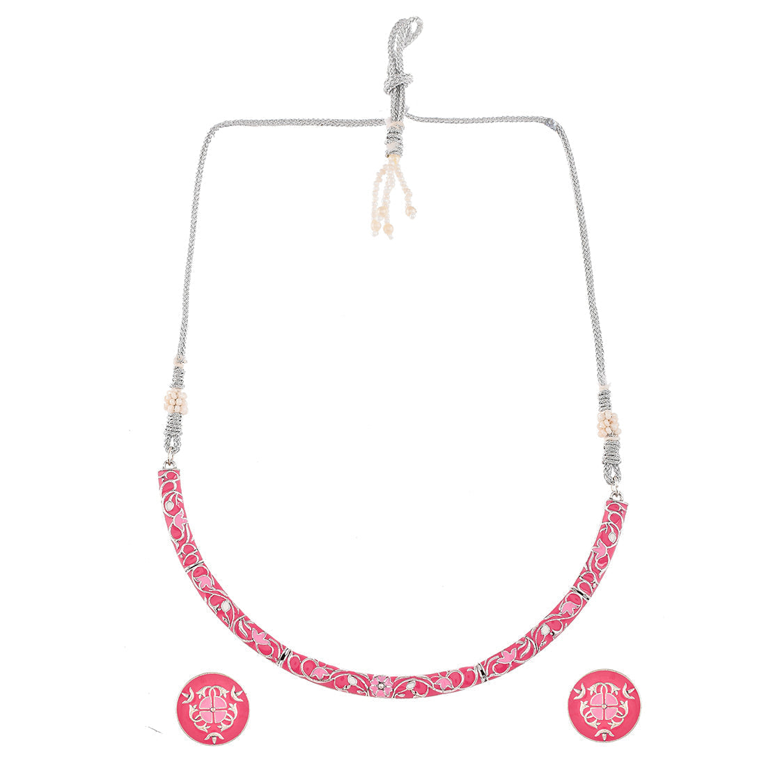 Women's Enameled Elegance Pink Silver Oxidized Necklace Set