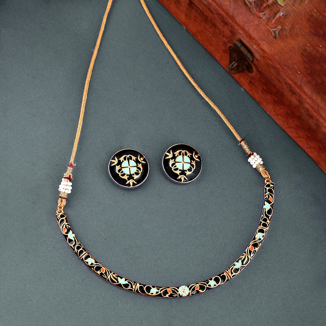 Women's Enameled Elegance Black Gold-Plated Necklace Set