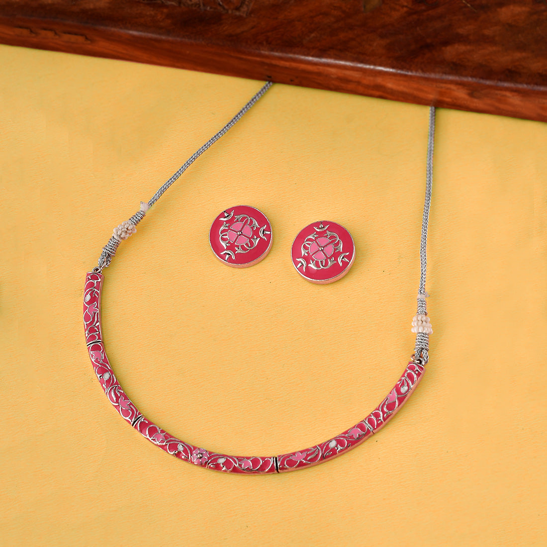 Women's Enameled Elegance Pink Silver Oxidized Necklace Set