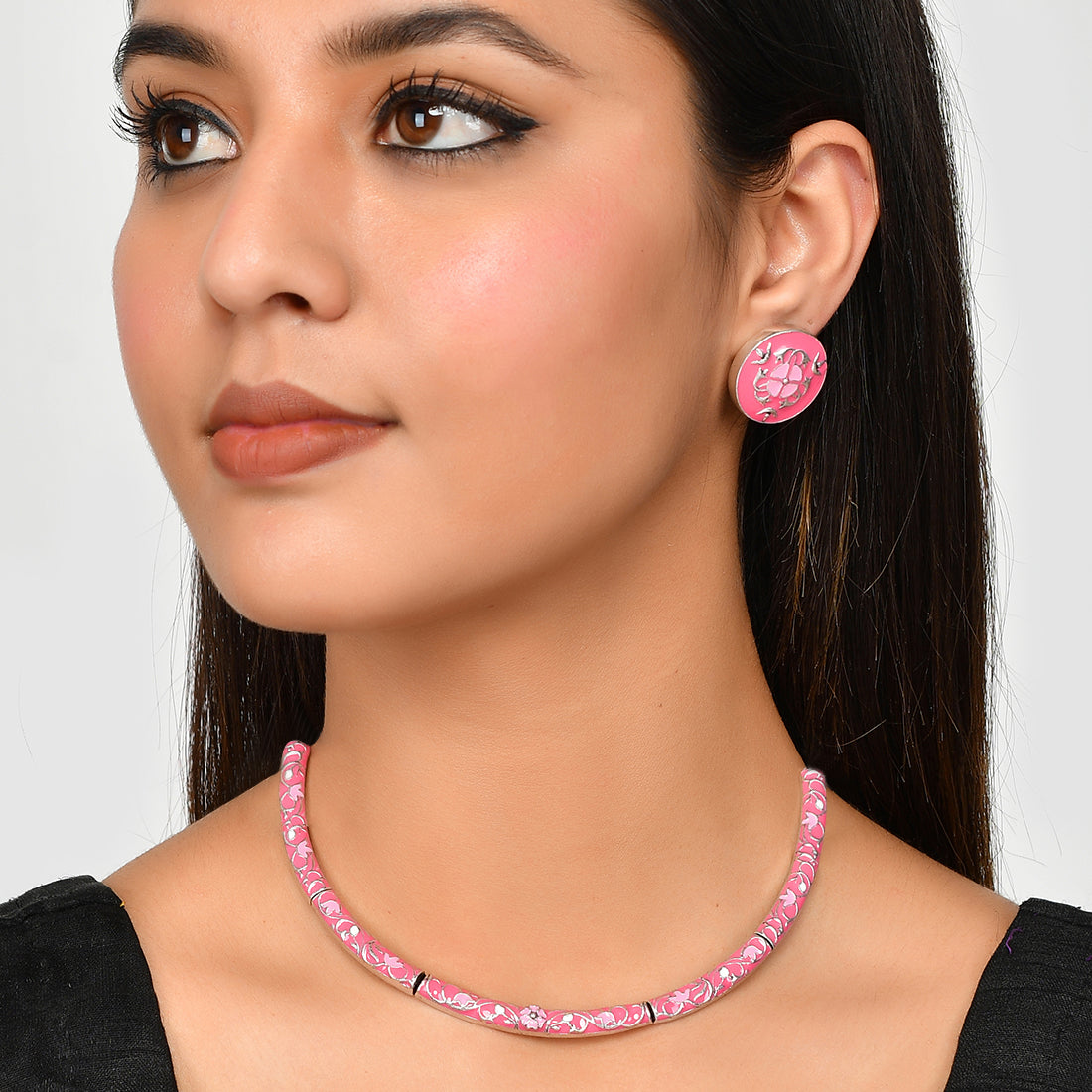 Women's Enameled Elegance Pink Silver Oxidized Necklace Set