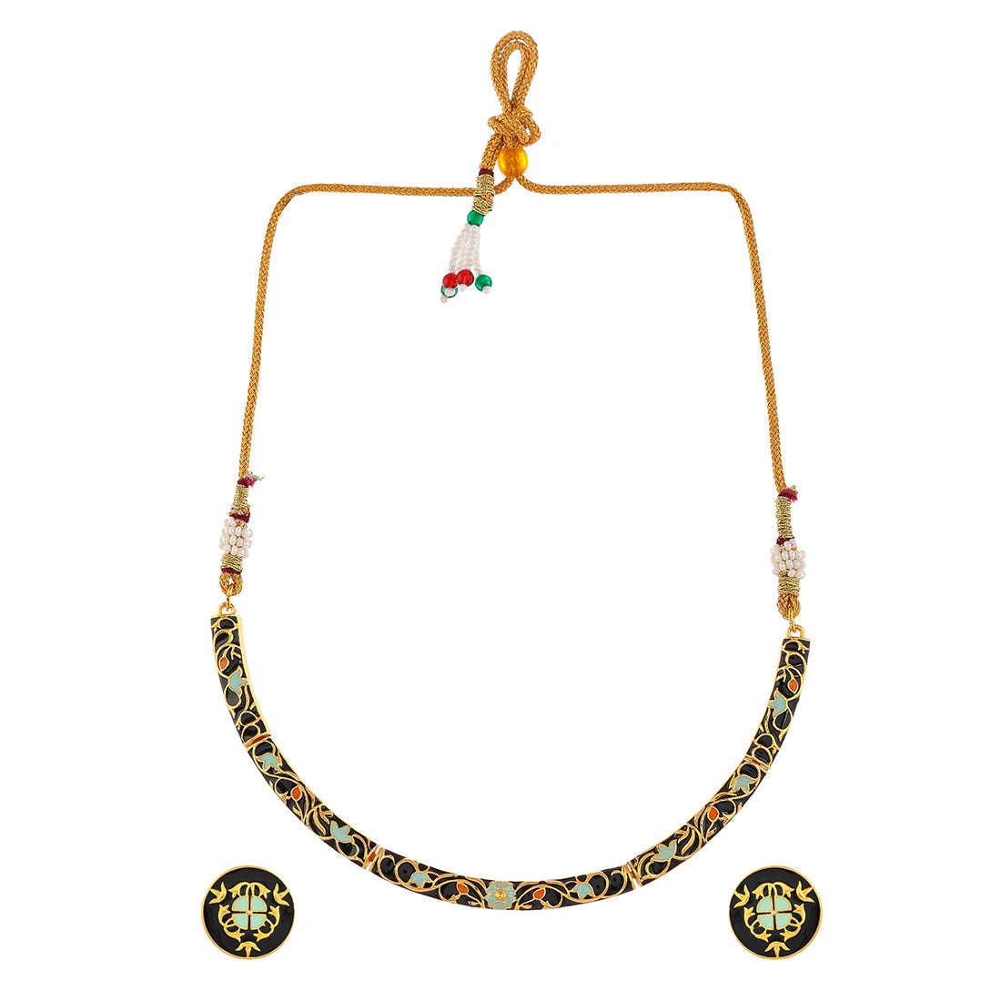 Women's Enameled Elegance Black Gold-Plated Necklace Set