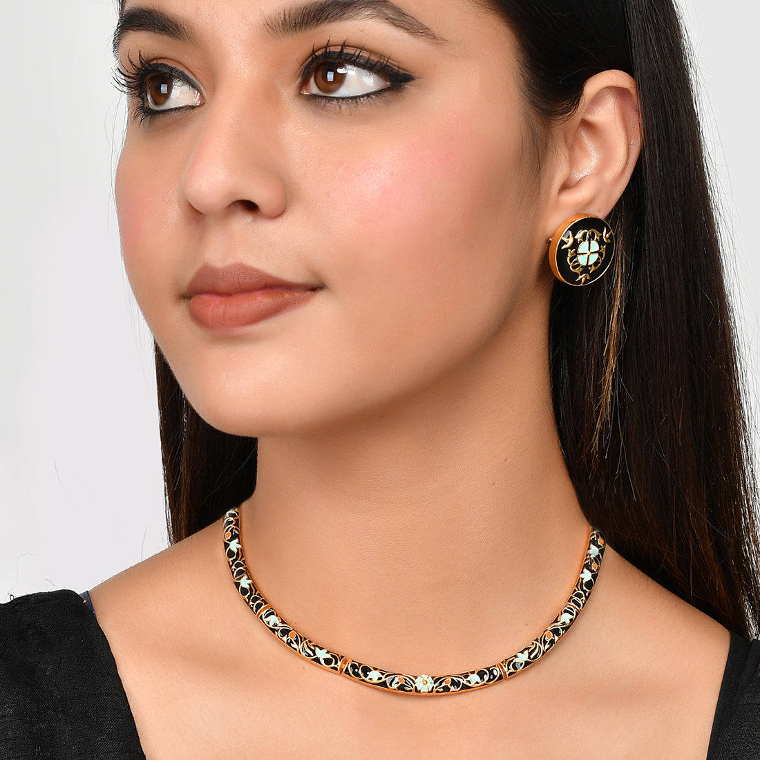 Women's Enameled Elegance Black Gold-Plated Necklace Set