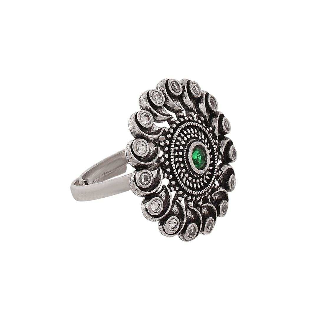 Women's Abharan Green And White Round Cut Stones Ring