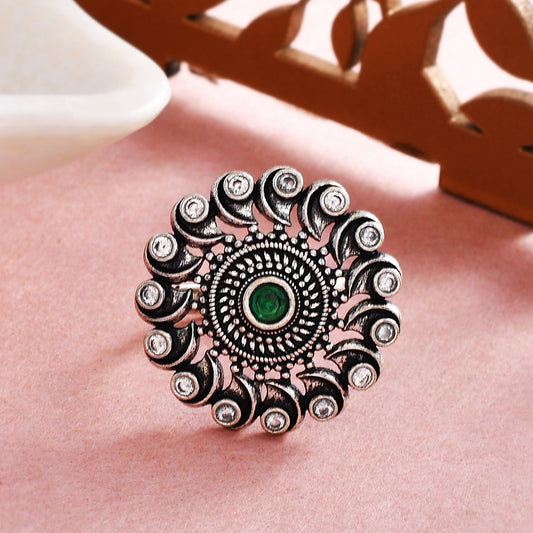 Women's Abharan Green And White Round Cut Stones Ring