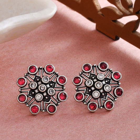 Women's Abharan White And Red Round Cut Stones Stud Earrings