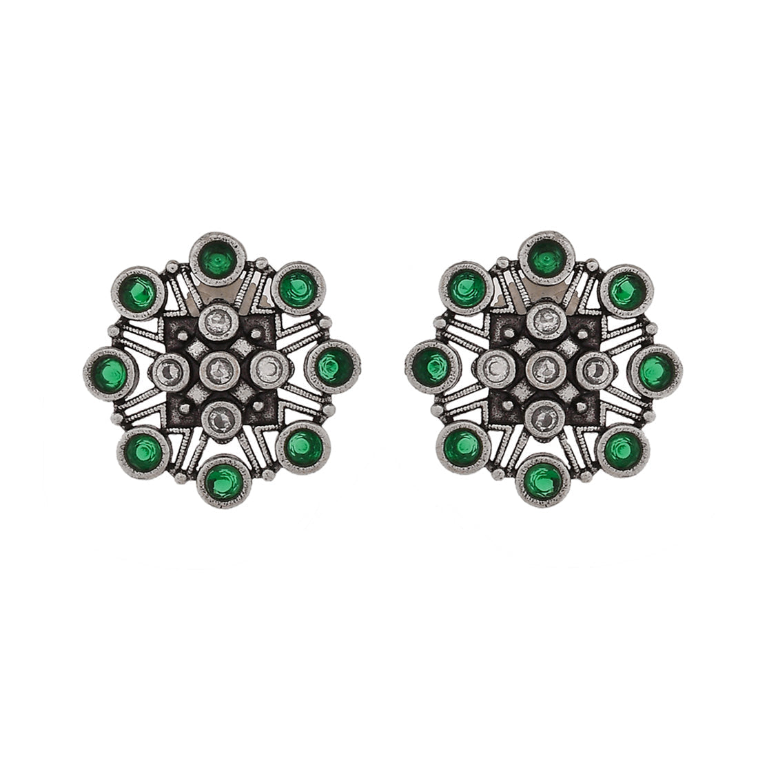 Women's Abharan Green Round Cut Stones Stud Earrings