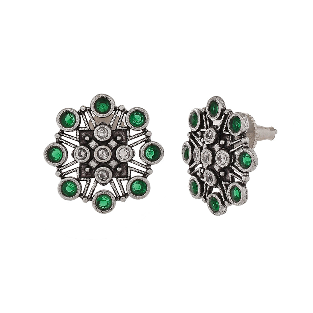 Women's Abharan Green Round Cut Stones Stud Earrings