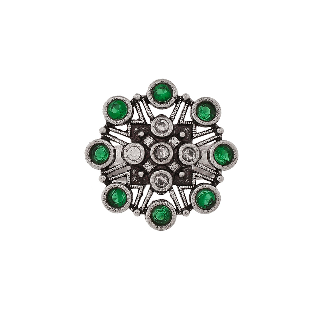 Women's Abharan Green Round Cut Stones Floral Ring