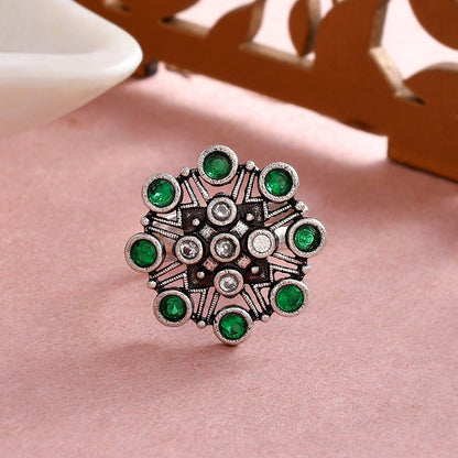 Women's Abharan Green Round Cut Stones Floral Ring