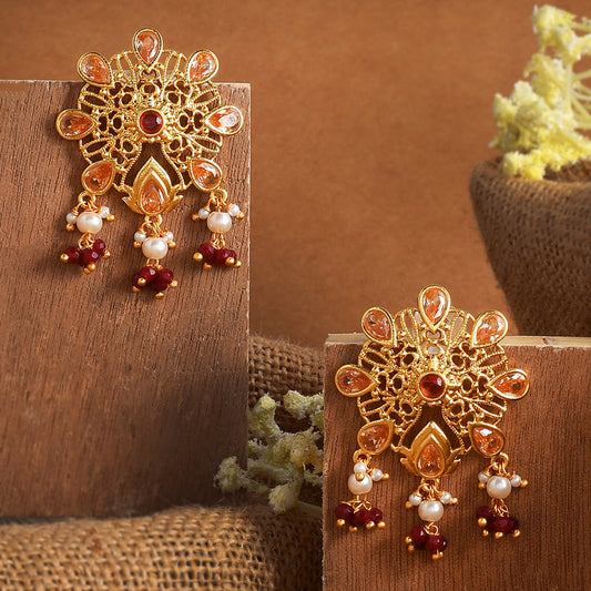 Women's Abharan Pink And Red Stones Floral Stud Earrings