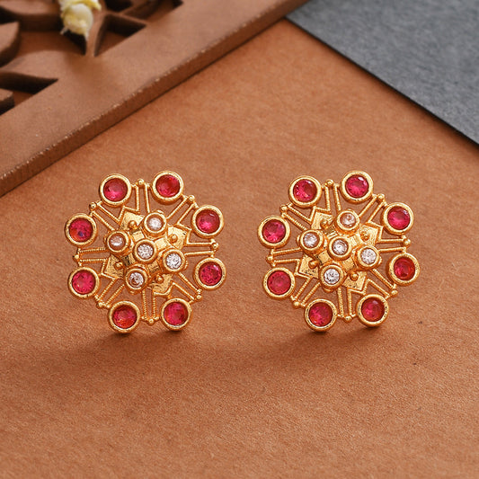 Women's Abharan Pink Stones Floral Stud Earrings