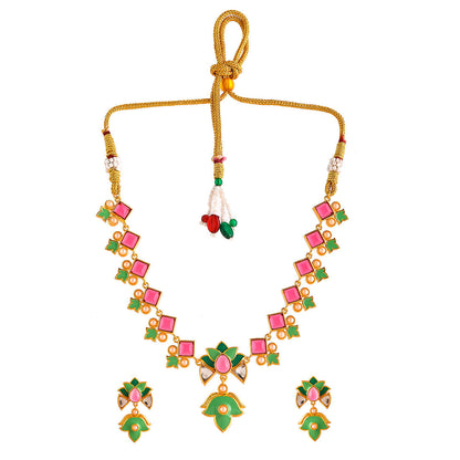 Women's Forever More Pink Stones And Pearls Green Enamel Jewellery Set