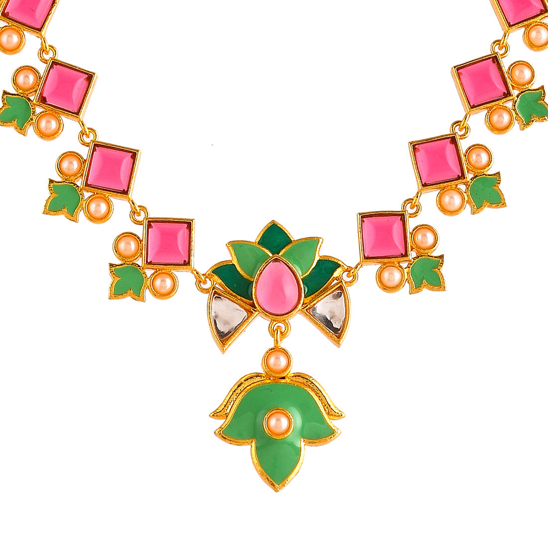 Women's Forever More Pink Stones And Pearls Green Enamel Jewellery Set