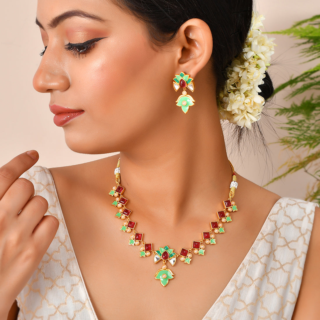 Women's Forever More Pink Stones And Pearls Green Enamel Jewellery Set