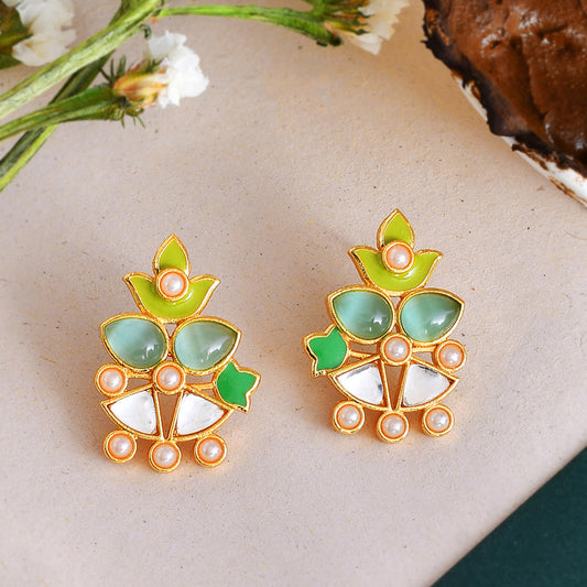 Women's Forever More Green Enamel White Pearls Tulips Earrings