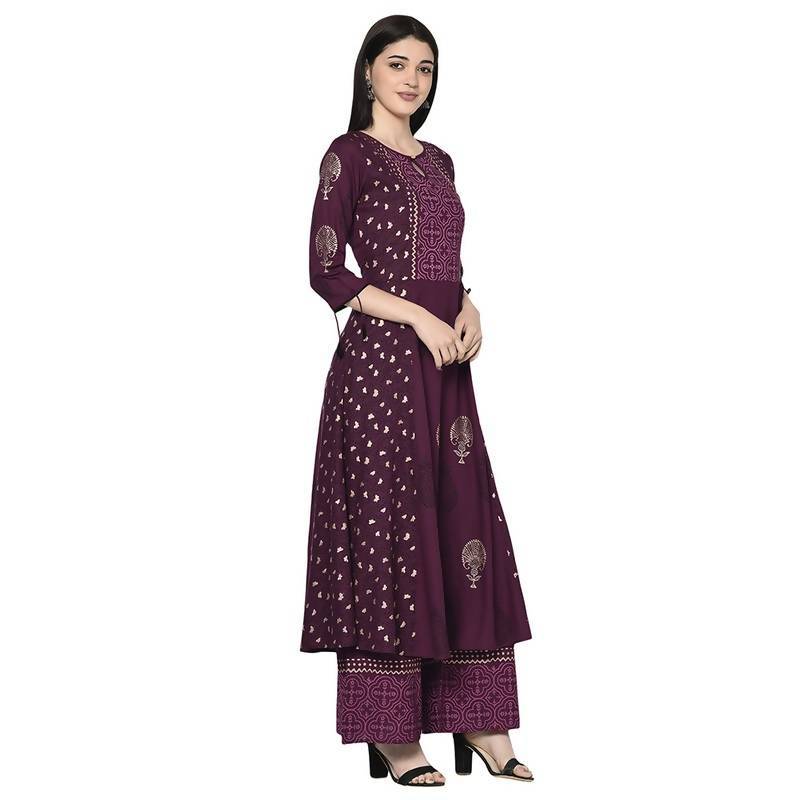 Women's Wine Anarkali Kurta with palazzo set by - (2pcs set)