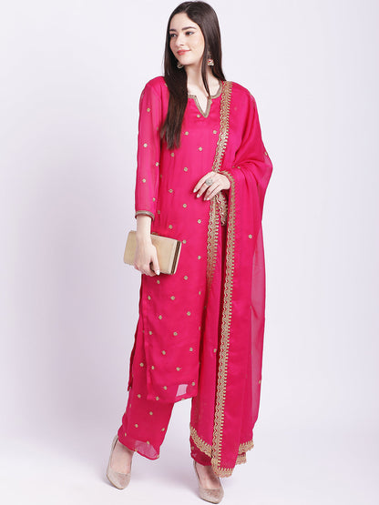 Women's Glam Pink Embroidered Kurti With Straight Palazzo And Embroidered Dupatta