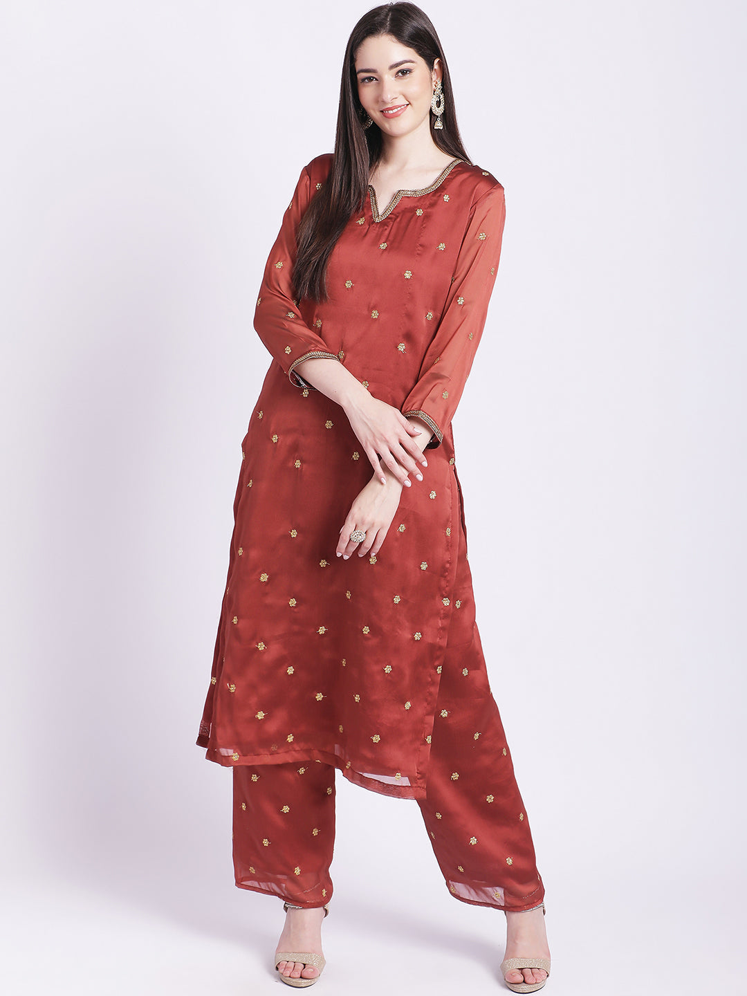 Women's Glam Rust Embroidered Kurti With Straight Palazzo