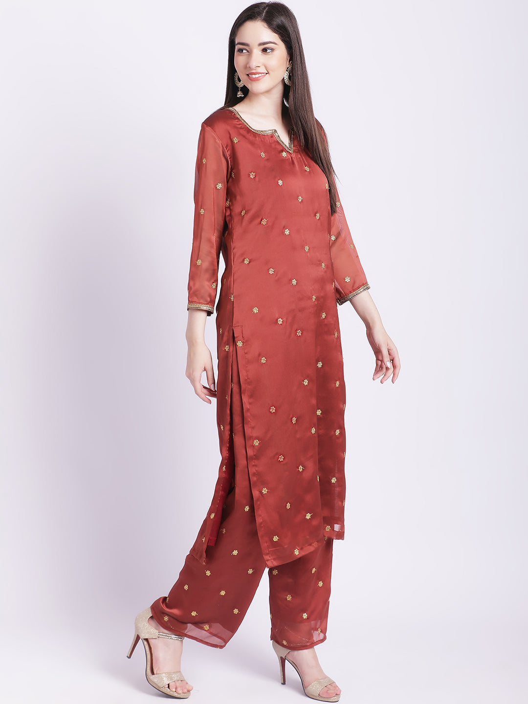 Women's Glam Rust Embroidered Kurti With Straight Palazzo