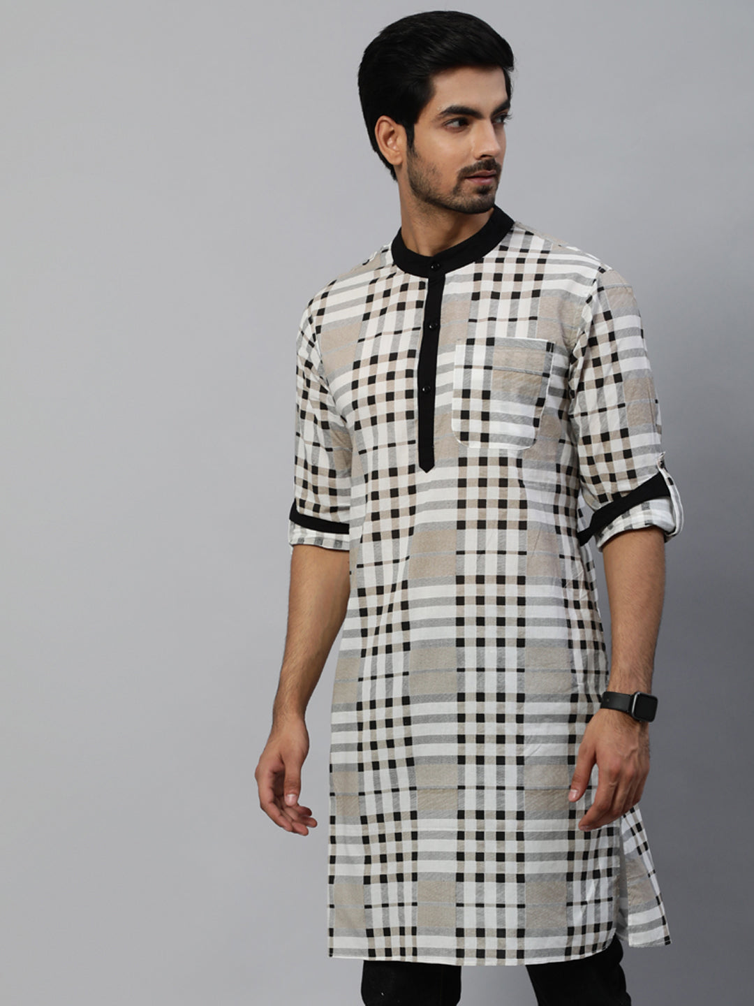 Men's White Checked Long Kurta