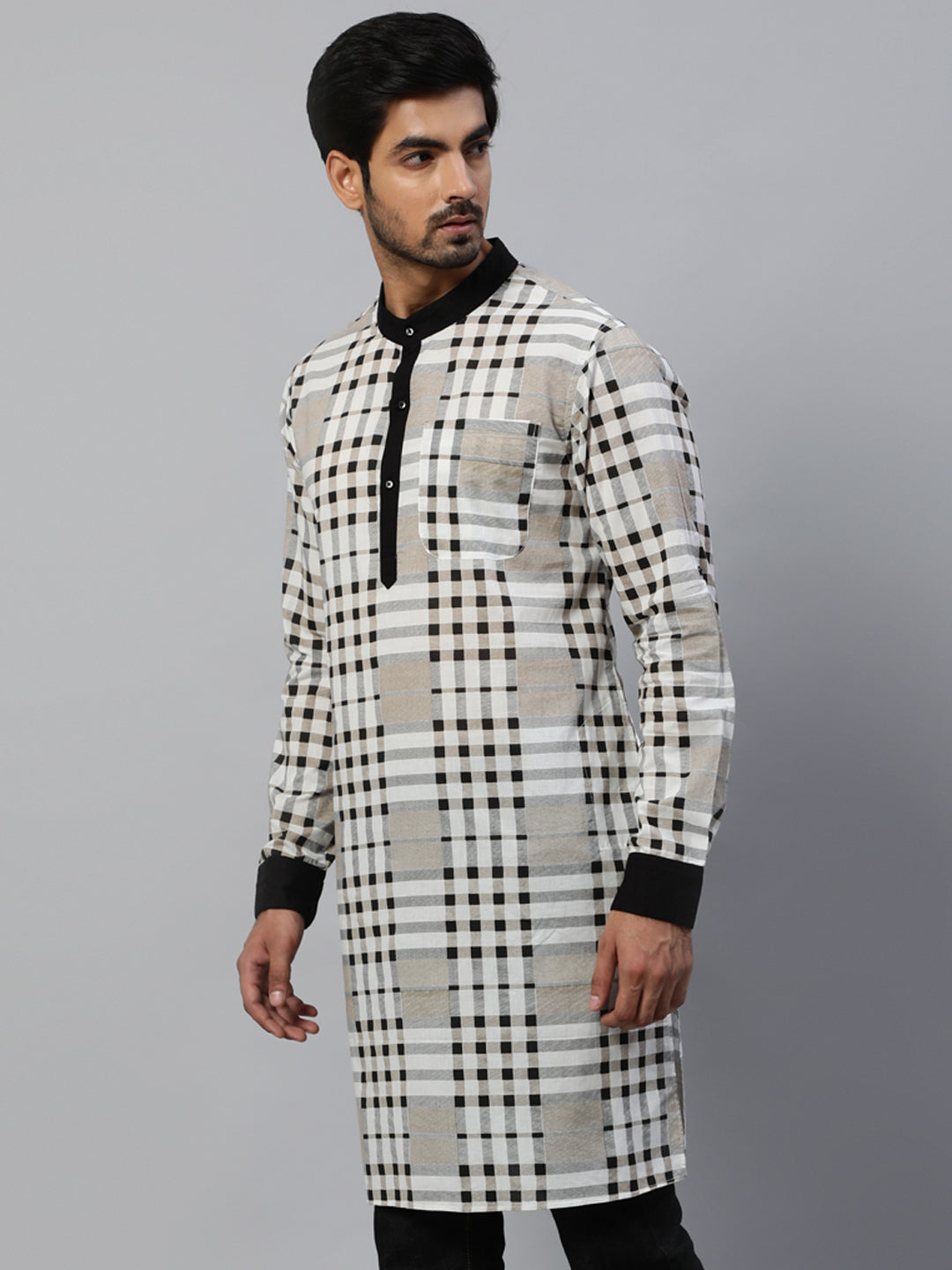 Men's White Checked Long Kurta