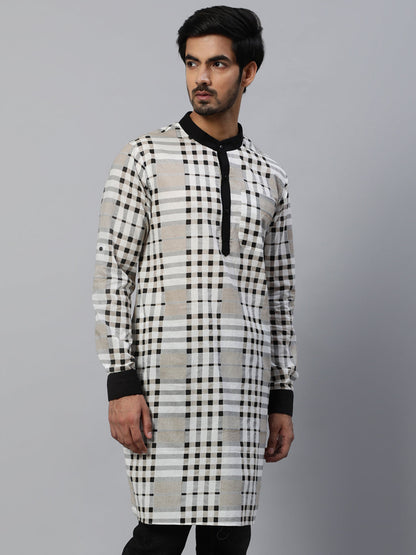 Men's White Checked Long Kurta