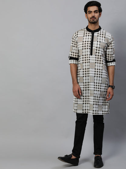 Men's White Checked Long Kurta