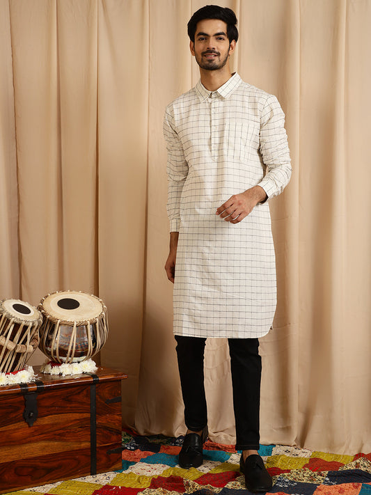 Men's White Diamond Checked Pathani Kurta