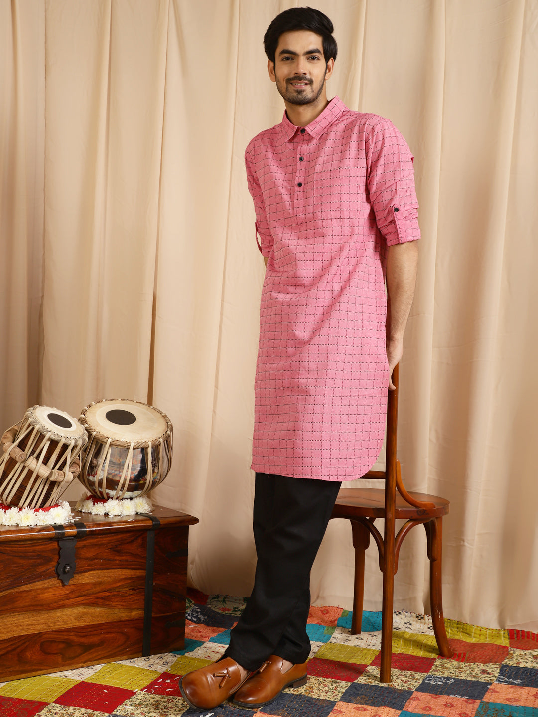 Men's Pink Diamond Checked Pathani Kurta