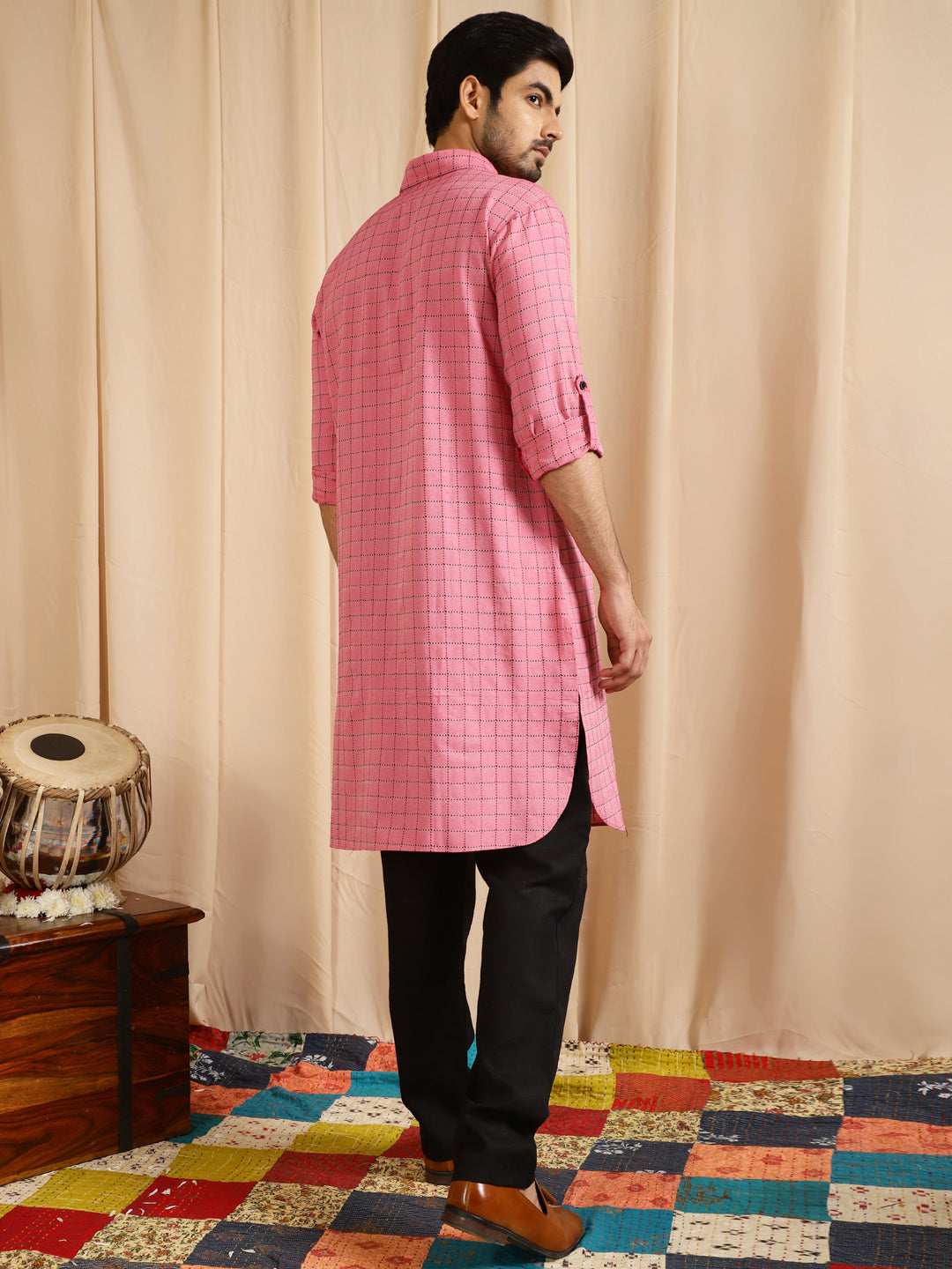 Men's Pink Diamond Checked Pathani Kurta