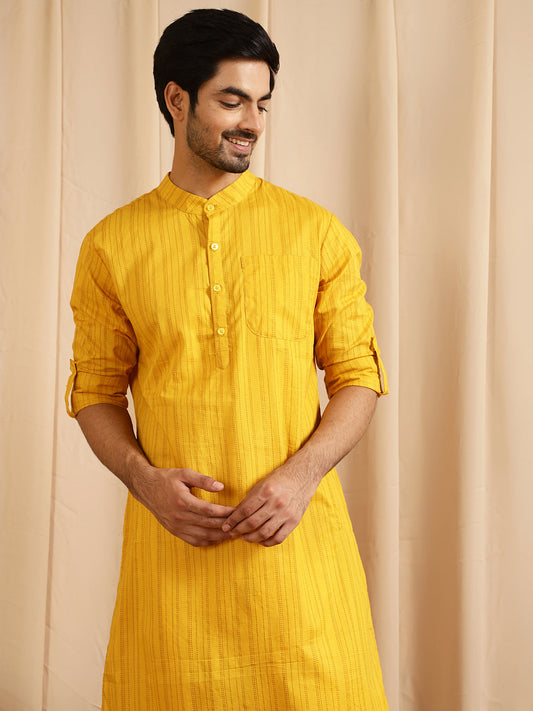 Men's Yellow Striped Long Kurta