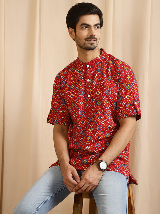 Men's Red Patola Print Kurta