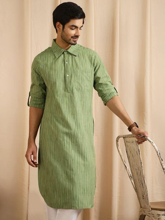 Men's Green Striped Slim Fit Long Kurta