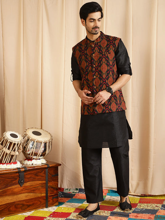 Men's Black Kurta Pyjama With Nehru Jacket