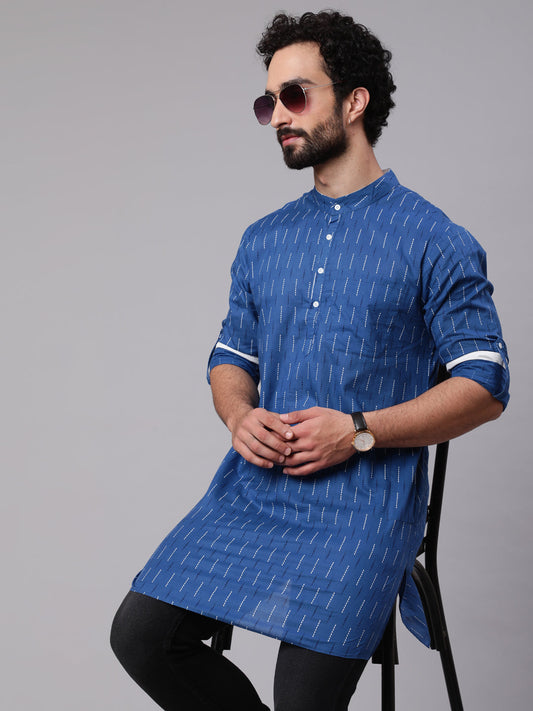 Men's Blue Printed Straight Kurta With Roll-Up Sleeve