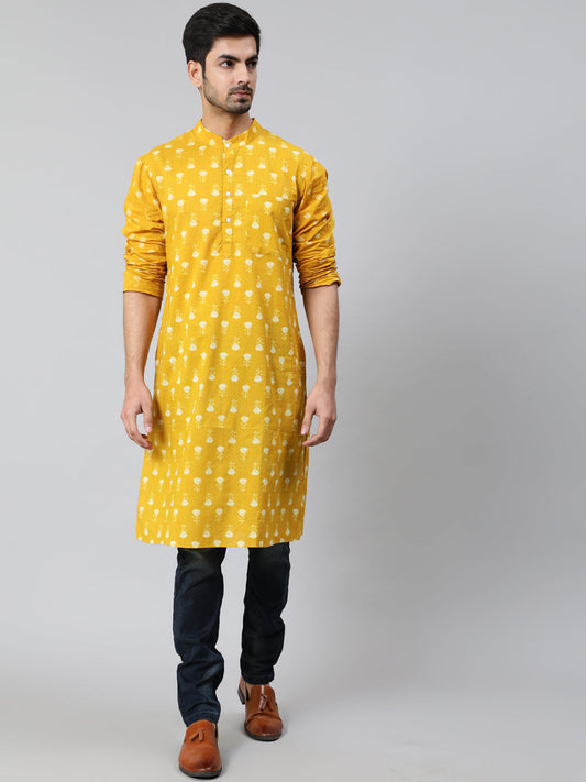 Men's Yellow Floral Print Kurta