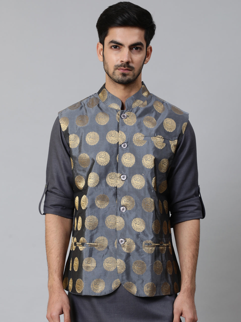 Men's Grey Brocade Nehru Jacket