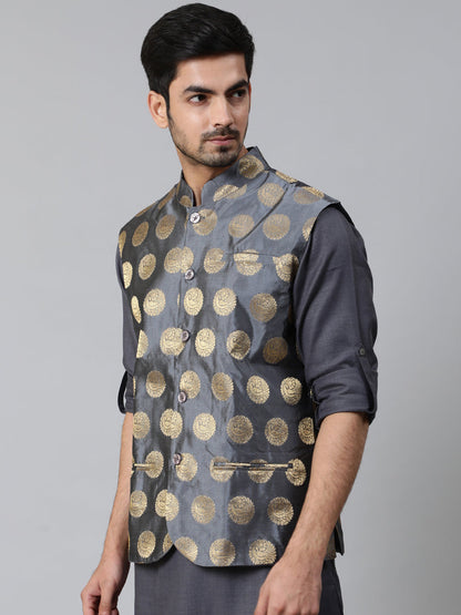 Men's Grey Brocade Nehru Jacket