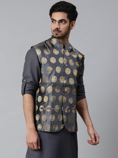 Men's Grey Brocade Nehru Jacket