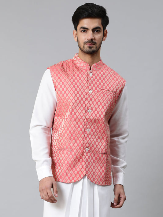 Men's Peach Brocade Nehru Jacket